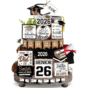 22 Pcs 2026 Graduation Tiered Tray Decor Sets Wooden Class of 2026 Table Decor with Gown Diploma Farmhouse Signs for Home Shelf Party Office Desk Black White