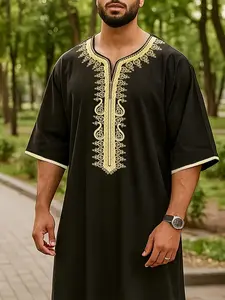 Muslim Men's Thobe Moroccan Style Ethnic Embroidered Islamic Clothing, Traditional Arabic Robe, All Seasons Wear, Festival Party Ramadan Gift, Loose-Fitting