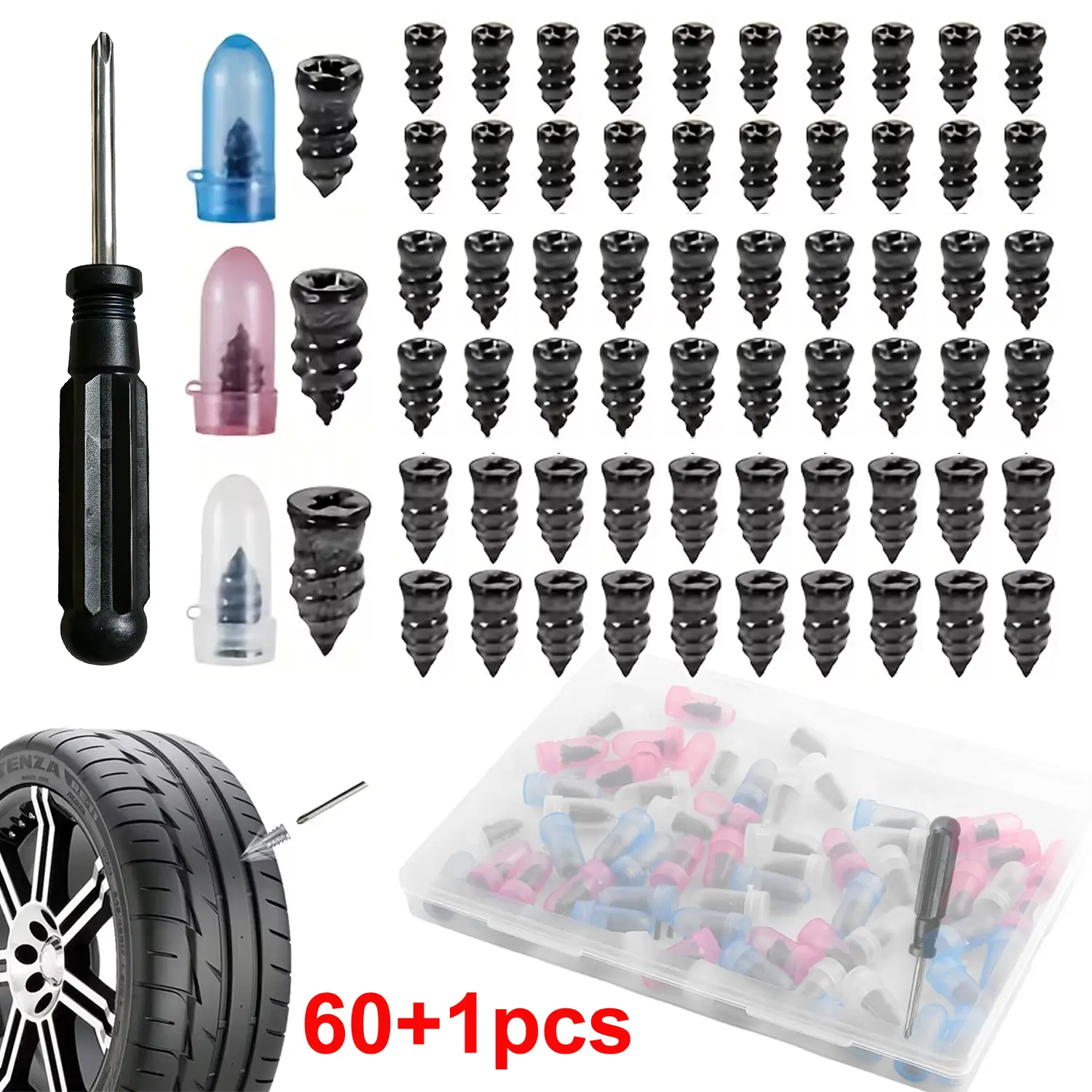 60PCS Spiral Rubber Screw Tire Repair Kit with Vacuum Rubber Nails - Automotive Car Tools, Screwdriver, Tire Plugs, Quick Self-Service Puncture Repair Tool for Cars, Trucks, Cycling Outdoor Fast Puncture Repair Supplies