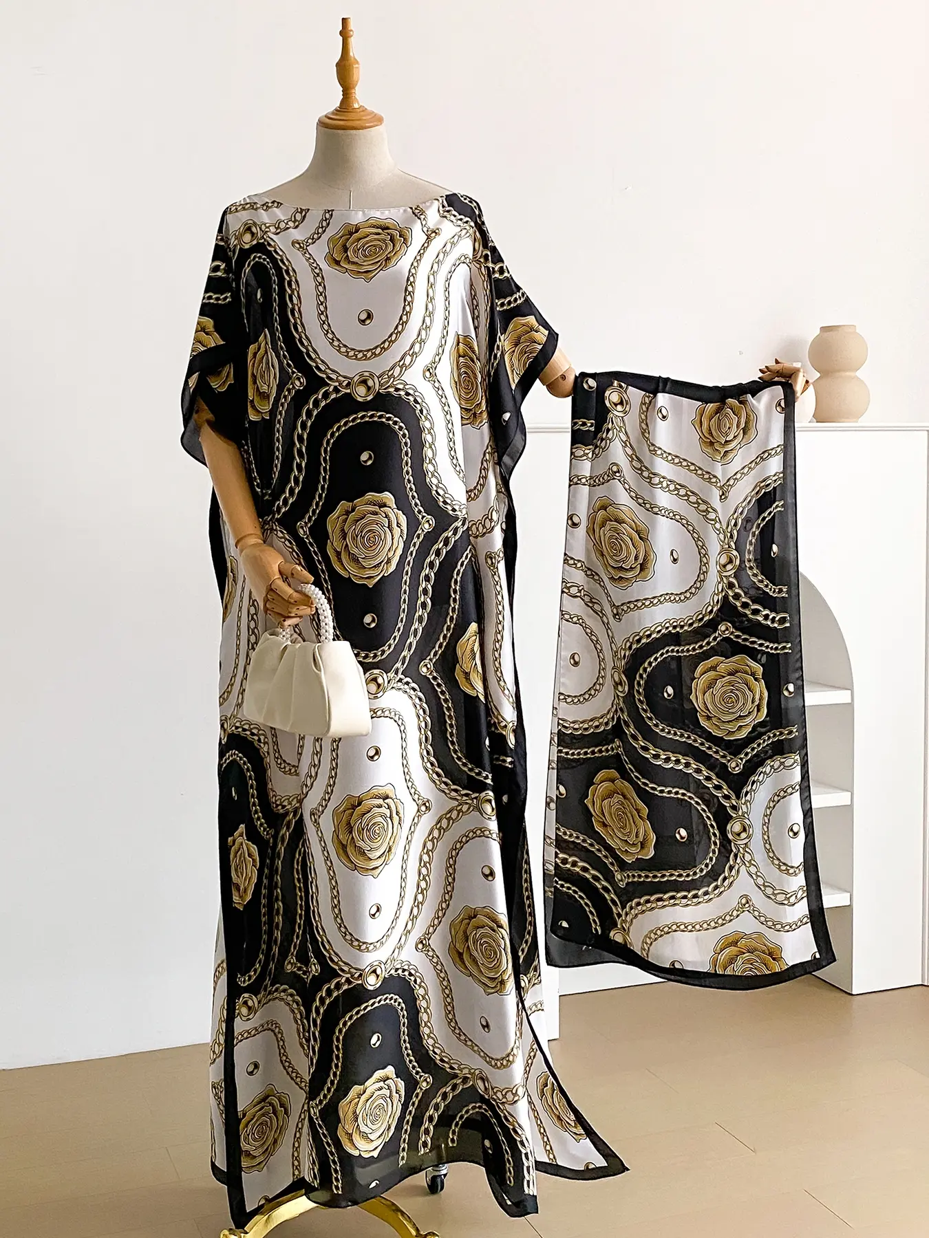 Elegant Floral Print Robe Set with Shawl Collar Dress, Long Scarf Headband for Women, Beach Sun Protection Summer Satin Silk Fabric, Casual Wear, Bohemian Boho Casual, Boho Styles