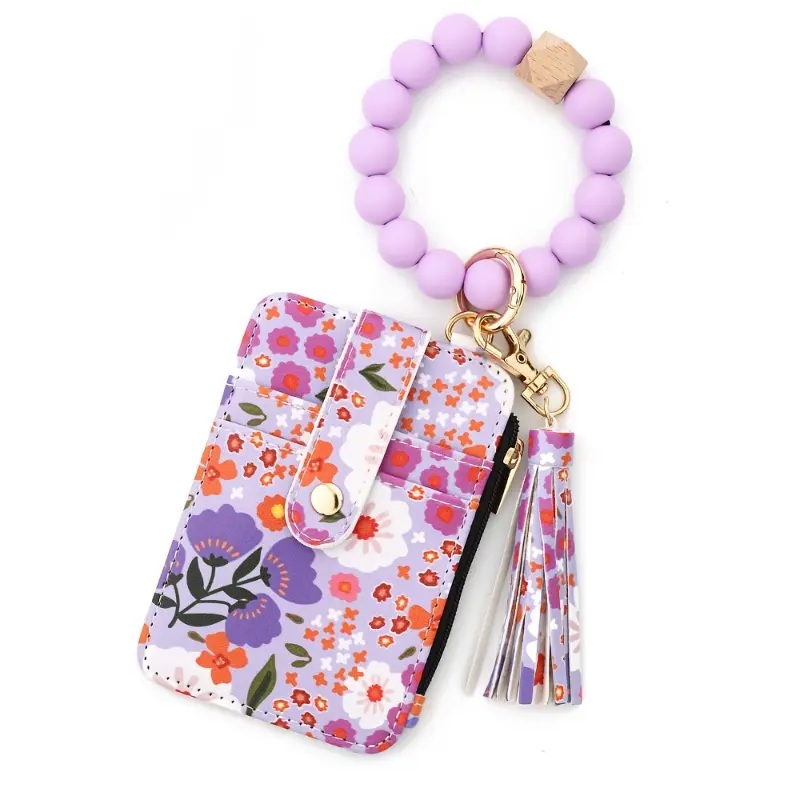 Women's Wallet Keychain Set, Floral Print PU Leather Zip Card Holder with Silicone Bead Bracelet & Tassel, Chic Style for Everyday Use, Chic Look, Flower Print, Tassel Detail, Zip Closure, Compact