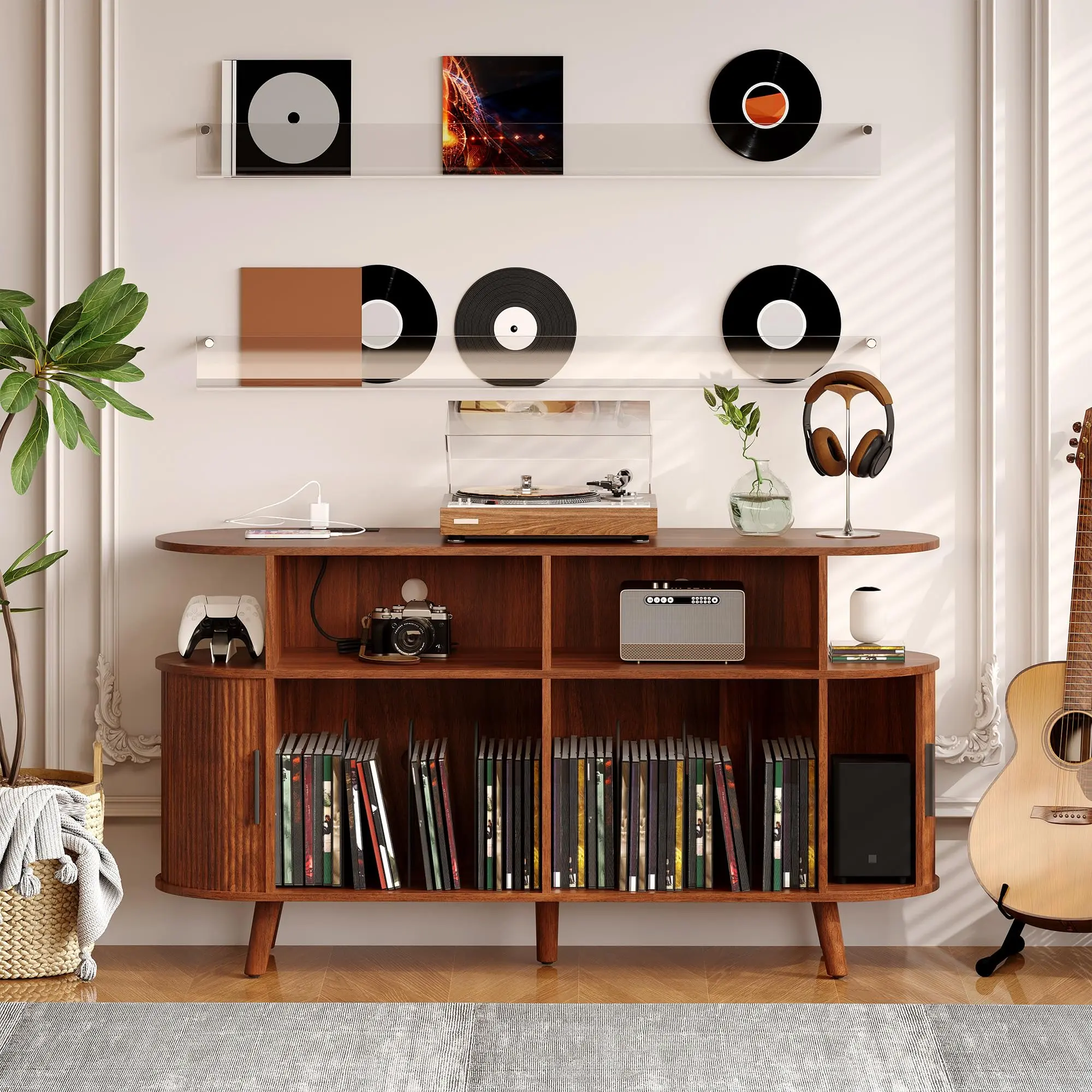 55” Mid-Century Record Player Stand with Vinyl Storage, Open Shelves & Charging Station for Home & Office - Rustic Turntable Media Cabinet