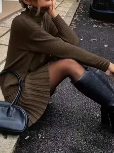 Women's Knit Set, Elegant High Neck Drop Shoulder Long Sleeve Sweater & Pleated Skirt 2 Piece, Fall Winter Fashion