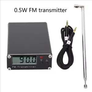 FM-D5W2 2-kilometer FM transmitter with digital display showing 0.5 watts or 500 milliwatts, stereo, frequency range 76-108 MHz, for English listening.