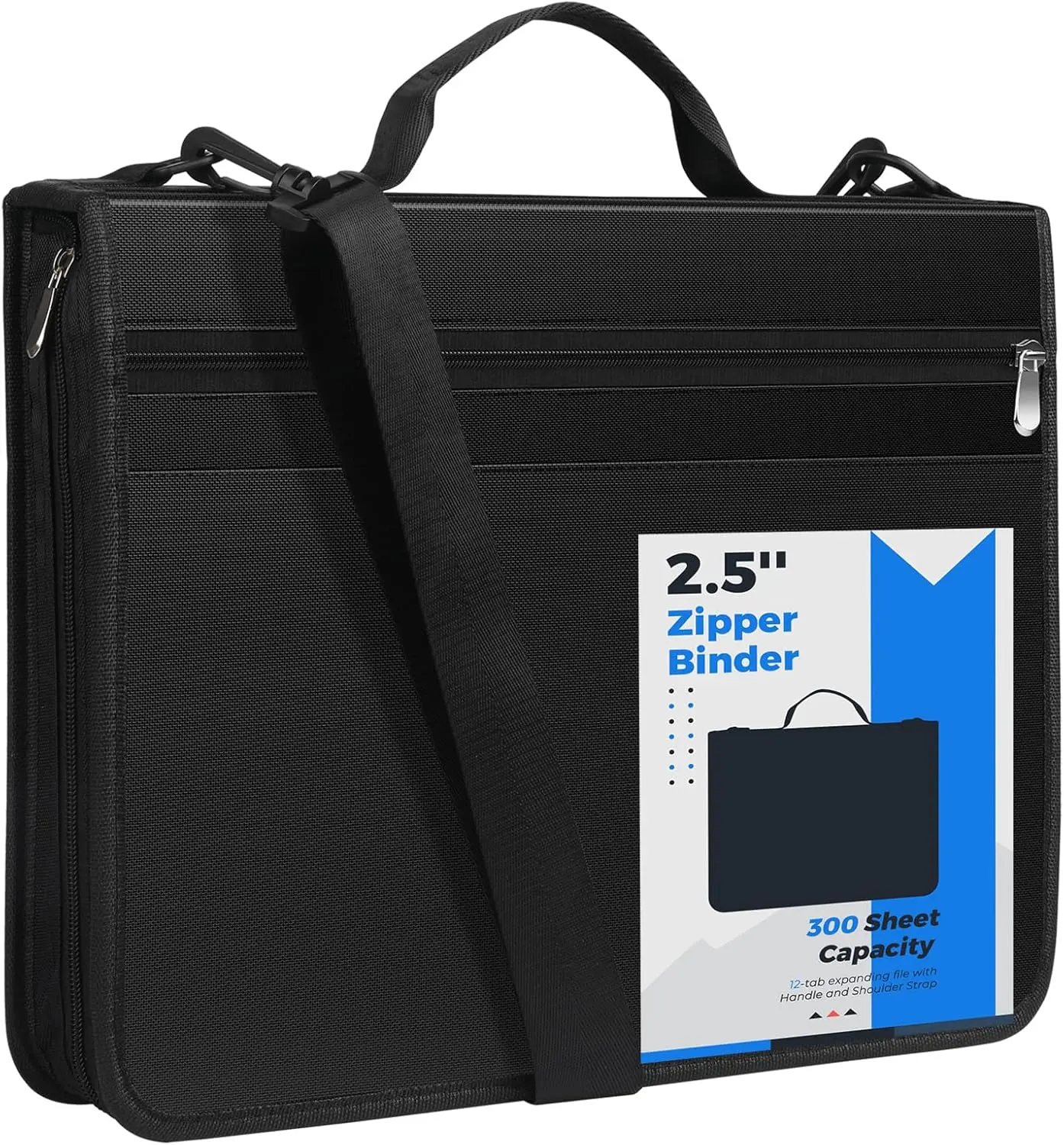 KTRIO 3-Ring Zipper Portfolio Binder - Document Organizer Binder with 12-Tab Expanding Files, 300-Sheet Large Capacity, Lightweight, Durable for Longevity, Black Office Stationery Back to School Supply