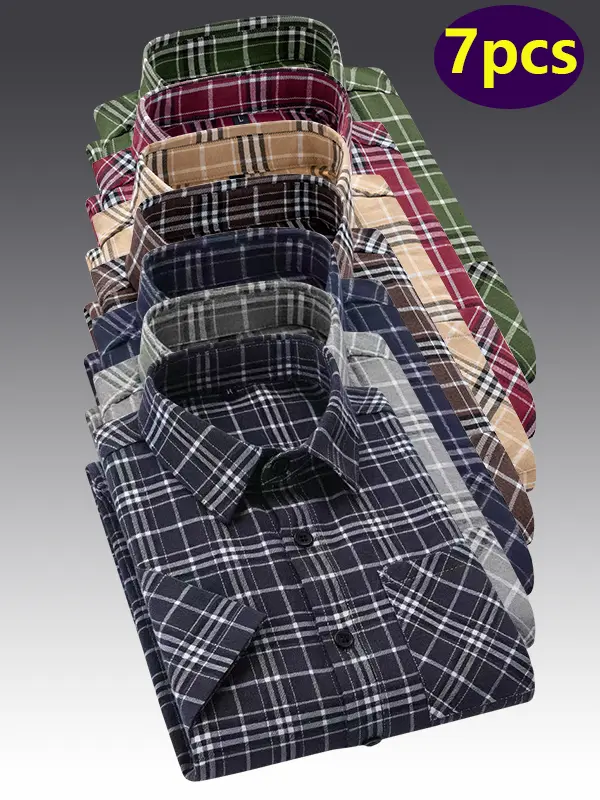 7-pack men’s summer cotton plaid shirts—skin-friendly, breathable, sweat-wicking, moisture-management design; multiple plaid patterns/colorways; classic, never out of style; versatile for outdoor outings and various occasions.