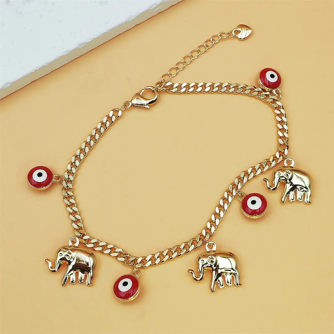Women's Gold Plated Bracelet, Dainty Devil's Eye & Elephant Animal Charm, Adjustable Stackable Jewelry for Daily Casual Wear, Stackable Bracelets, Gold Plated Bangle