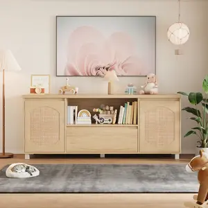 63in TV Stand for TVs Up to 70", Fluted Entertainment Center with Storage Drawer and Open Shelves, Modern TV Console Media Cabinet for Living Room, Bedroom