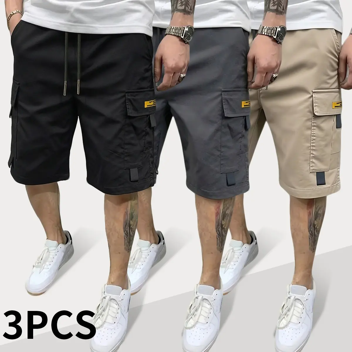 Men's Relaxed Fit Polyester Cargo Pants - Menswear with Large Multiple Pockets, Yellow Pocket Tag, Breathable Lightweight Utility Bottoms for Outdoor Hiking & Daily Streetwear