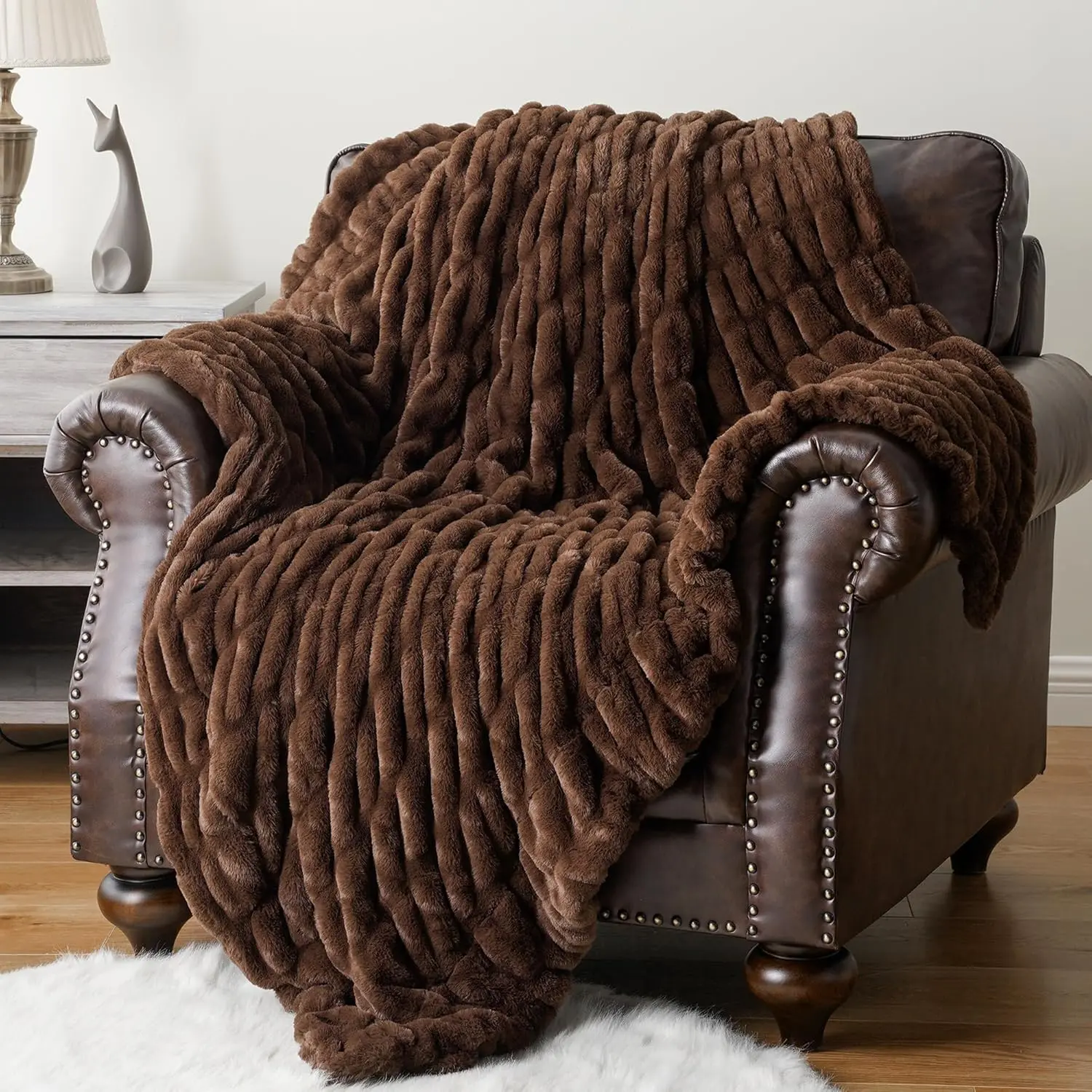 Rust Brown Faux  Throw Blanket, Large Double Sided Reversible Ruched   Blanket for Bed, Couch, 60x80 Inches