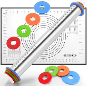 Rolling Pin nonstick and Silicone Baking Pastry Mat combo kit, Adjustable Rolling Pin With Thickness Ringsfor Baking Fondant, Pizza, Pie, Pastry