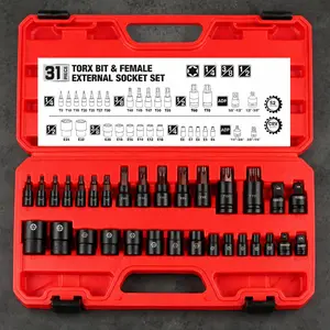 31-piece Torx screwdriver bit set, including 14 star-shaped bits (T8–T70) and 12 E-Torx sockets (E4–E24), plus a 4-piece high-torque laser-etched impact socket adapter set, for outdoor emergencies, Replaceable Screwdriver Bits