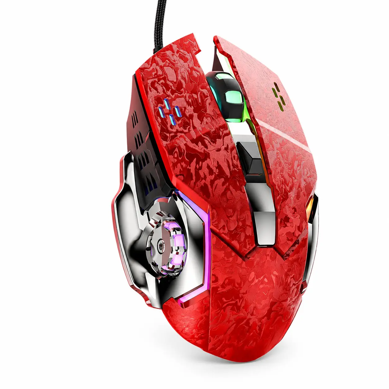 Red Wired Gaming Mouse with RGB Spectrum Lighting, Lightweight Esports Design, Forged Ice Crackle Metal Surface, Modern Gaming Mice for Laptop & PC Setup, PC Accessories Gaming Tech Gadget