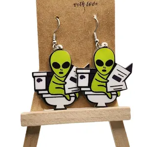Alien on Toilet Plastic Earrings Quirky Fashion Accessory Lightweight Design Unisex Durable Material Fun Extraterrestrial Charm