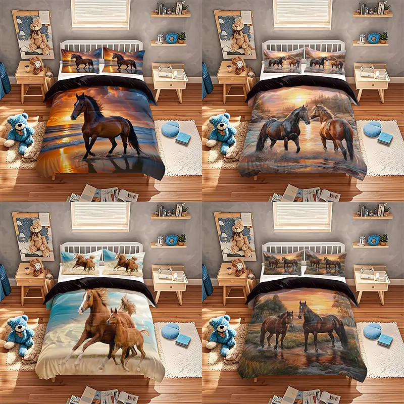 3-Piece Horse Print, Includes 1 Fitted Sheet + 1/2 Pillowcases, High-Definition All-Season Prints, Home & Dorm Use, Easy Care, Printed Bedding Set, Soft Theme Bedding Sets, Western Decorative Bedding Set