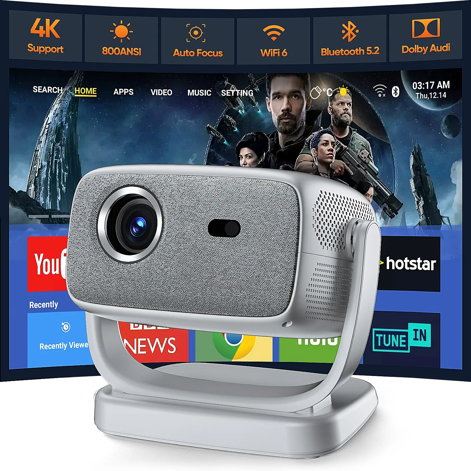 HUANLETOU Wireless High-Definition Autofocus Smart Android Projector with Build-in Audio, 800 ANSI Native 1080P, Auto Trapezoidal Correction, WiFi6, Bluetooth5.2, 200-in Screen, US Warehouse, for Home Theater Outdoor Use, Wireless Projector, High-Definiti