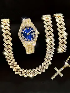 4pcs Men's Hip Hop Bling Quartz Trendy Watch Set: Golden-Tone Watch Set with Rhinestone Bezel, Cuban Chain Necklace & Bracelet, Cross Pendant - Luxurious Jewelry Gift, Fashion Trend, The First Choice For Men's Gifts