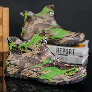 Men’s camouflage waterproof rain boots — slip-resistant high-top rubber shaft for outdoor, fishing, and casual wear; green/brown/black camo pattern — boys’ footwear comfort walking shoes with closed chef orthotic design