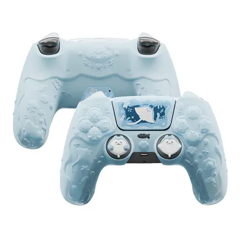 PlayVital Mint Blue Cute Ocean Whisper Series Semi-Clear Silicone for PS5 Controller Cover Skin, Console Accessories with 1 Thumb Grip, Sticker, Charging Station Compatibility & Full Finger-Friendly Protection