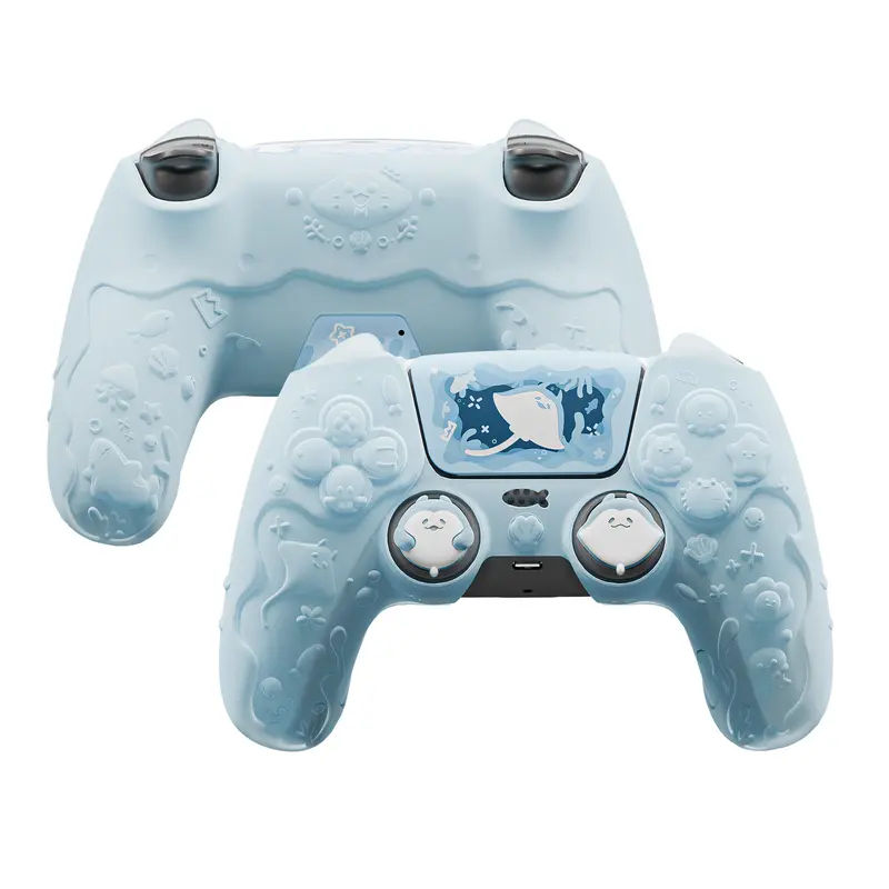 PlayVital Mint Blue Cute Ocean Whisper Series Semi-Clear Silicone for PS5 Controller Cover Skin, Console Accessories with 1 Thumb Grip, Sticker, Charging Station Compatibility & Full Finger-Friendly Protection