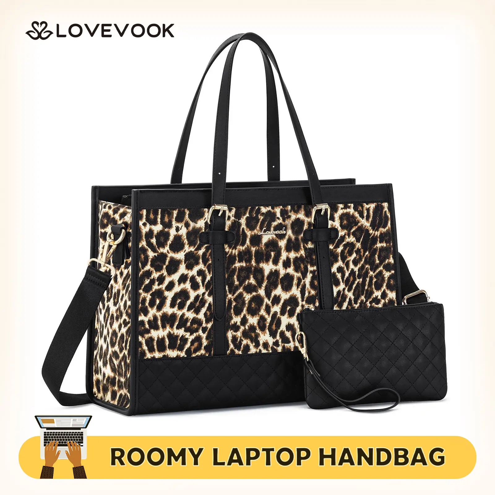 LOVEVOOK Laptop Tote Bag with Clutch Purse, Canvas Computer Bag Office Briefcase, Casual Handbag for Travel, Crossbody for College, Teacher, School TikTokShopBackToSchool