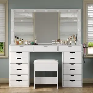 FUSOU [ Valentine's Day ] 55“W 15 Drawers Vanity Desk with Power Outlet, Makeup Table with Mirror and LED Lights, 3 Color Lighting Modes, Vanity Table with Chair for Bedroom