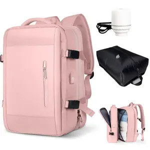 Expandable Travel Backpack with Electric Pump & 16L Detachable Vacuum Compression Bag| 39L Carry On Laptop Backpack| 180° Opening, Wet/Dry Separation, USB Charging Port| Work & Travel