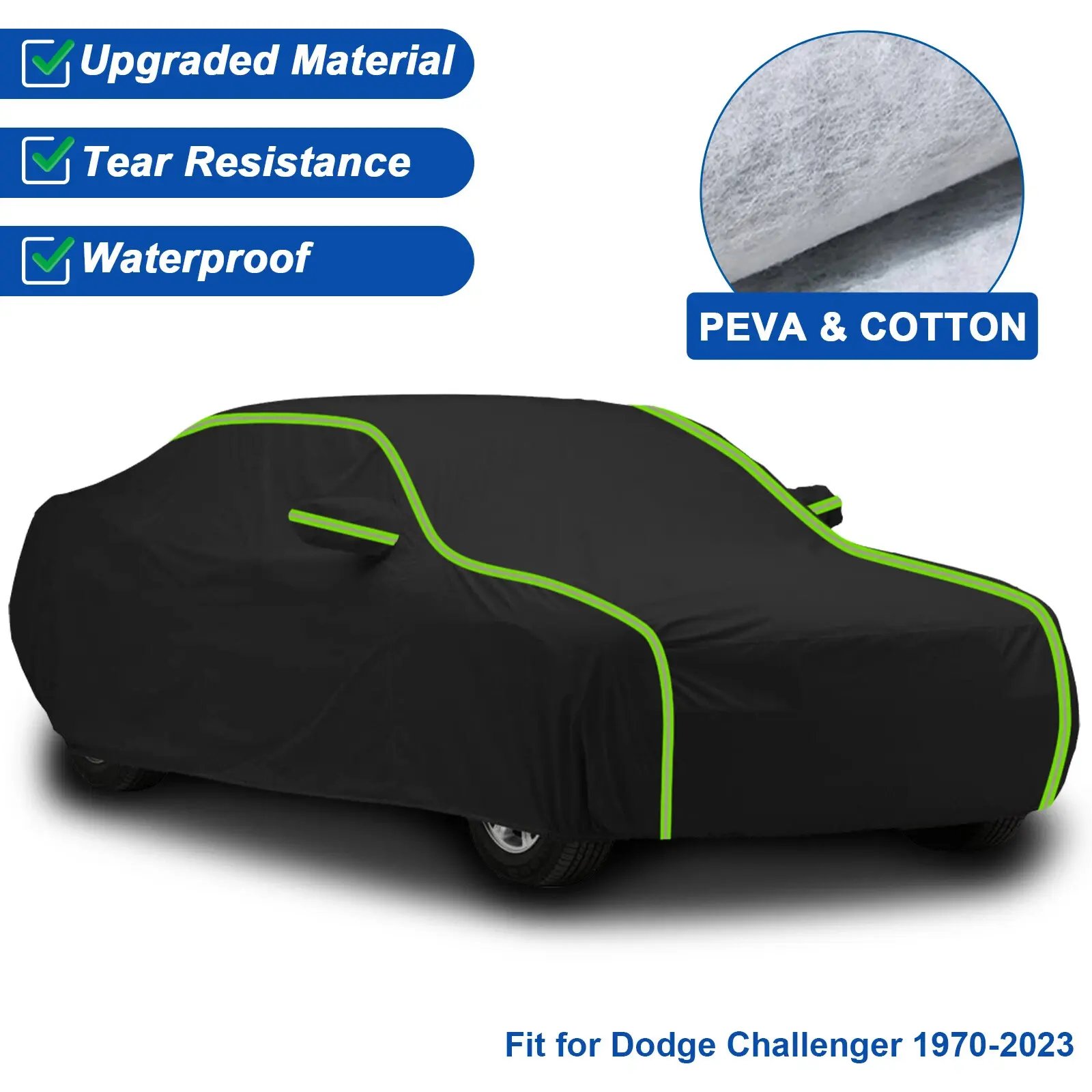 Custom Fit Fabric Car Cover for Dodge Challenger 1970-2023, All Weather Outdoor Full Cover with Waterproof Coating, Soft Liner, Windproof, Sunproof, Dustproof, Durable & Scratch-Resistant, Reflective Strips, Storage Bag, Easy To Store, Elastic Edge, Doubl
