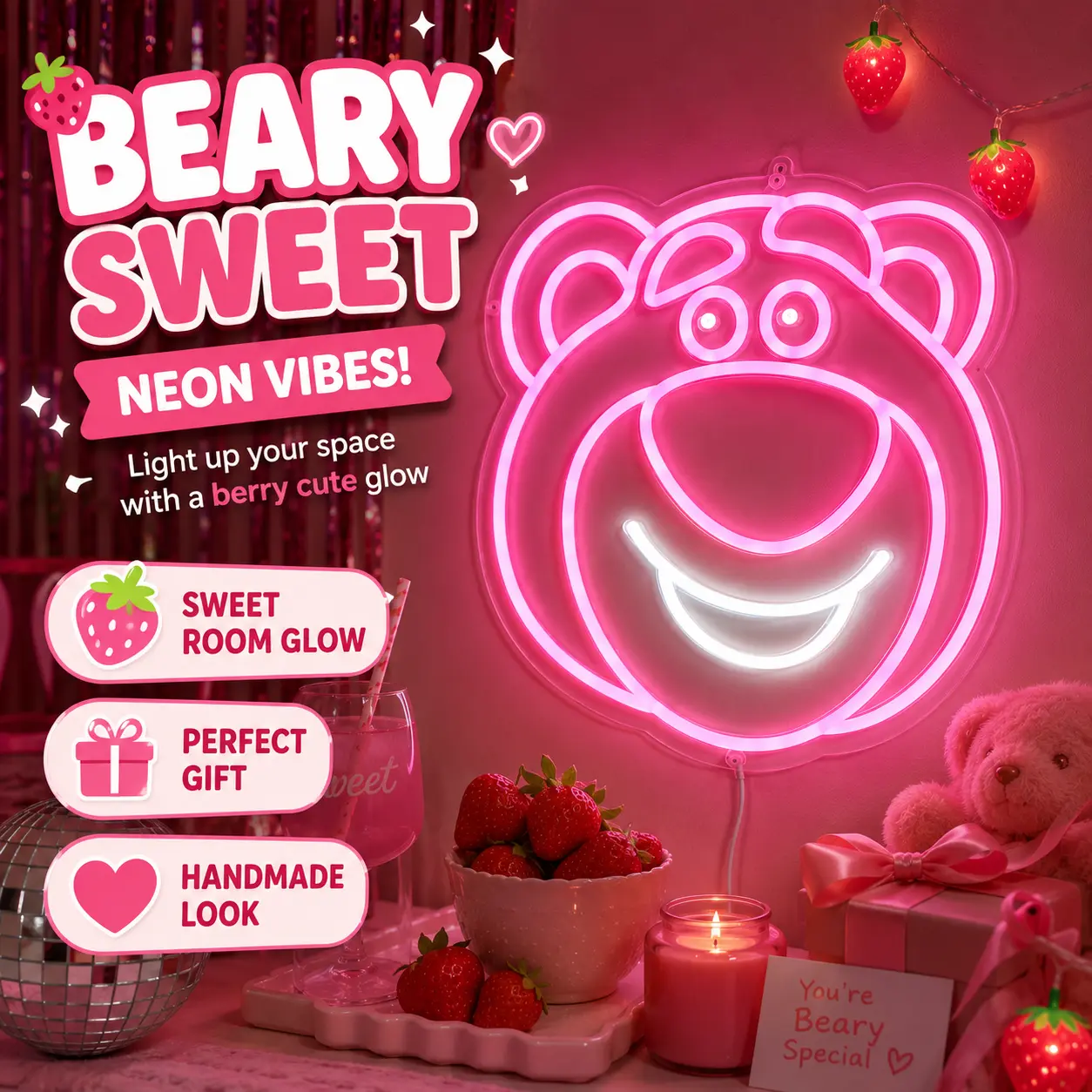 Strawberry Bear Neon Sign, Pink Smiling Bear LED Neon Light, Cute Cartoon Bear Wall Decor for Girls Bedroom, Gaming Room, Party, Birthday Gift, USB Powered Acrylic Neon Sign