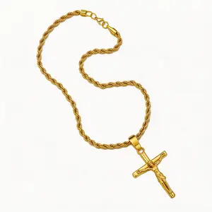 18K Gold Plated Jesus Cross Necklace,56cm Perfect Christian Gift for Men and Women. Durable Hip Hop Tarnish‑Resistant Rope Chain Cross Pendant, Ideal for Daily Wear and Gifting