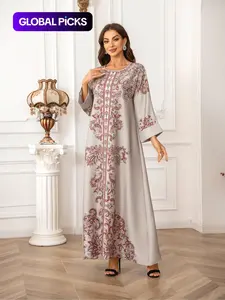 Elegant Boho Muslim Women's Long Robe Caftan, All over Print, Loose-Fitting, Round Neck, Flap Sleeves, Long Sleeve, All Seasons, Maxi, Muslim Kaftan