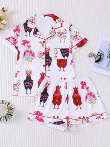 Women's 2-Piece Cute Love Chicken Print Pajama Set | Notch Collar Button Down Sleepwear Pyjamas, Soft Breathable Knit Loungewear | Fun Cartoon Hen Pattern, Sweet Kawaii Ins Style | Trendy Wearable Outside PJs for All Seasons Casual Relaxing
