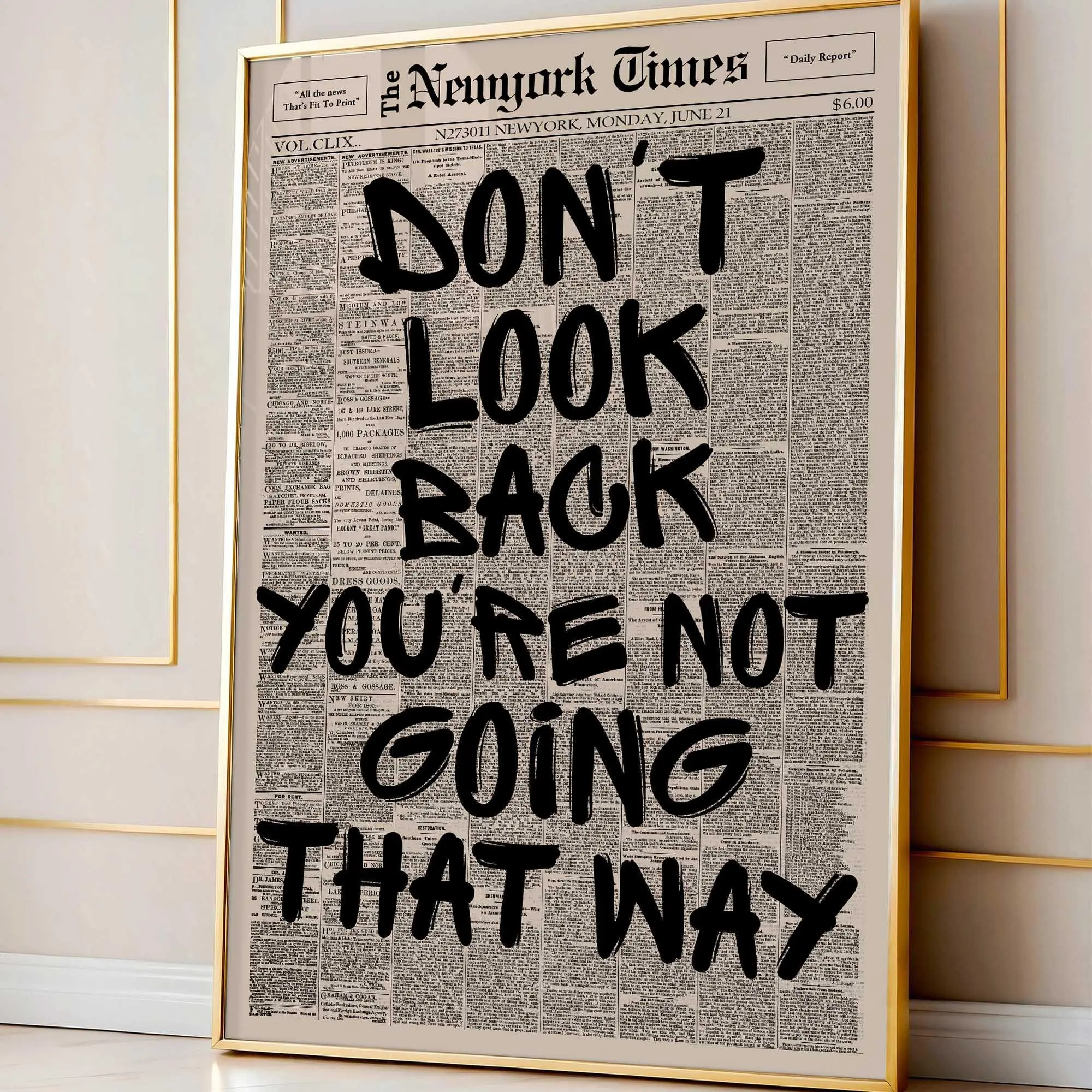 Retro Don'T Look Back Newspaper Poster, Trendy Wall Art, Apartment Aesthetic Print, Typography Poster, Aesthetic Print, Wall Decor