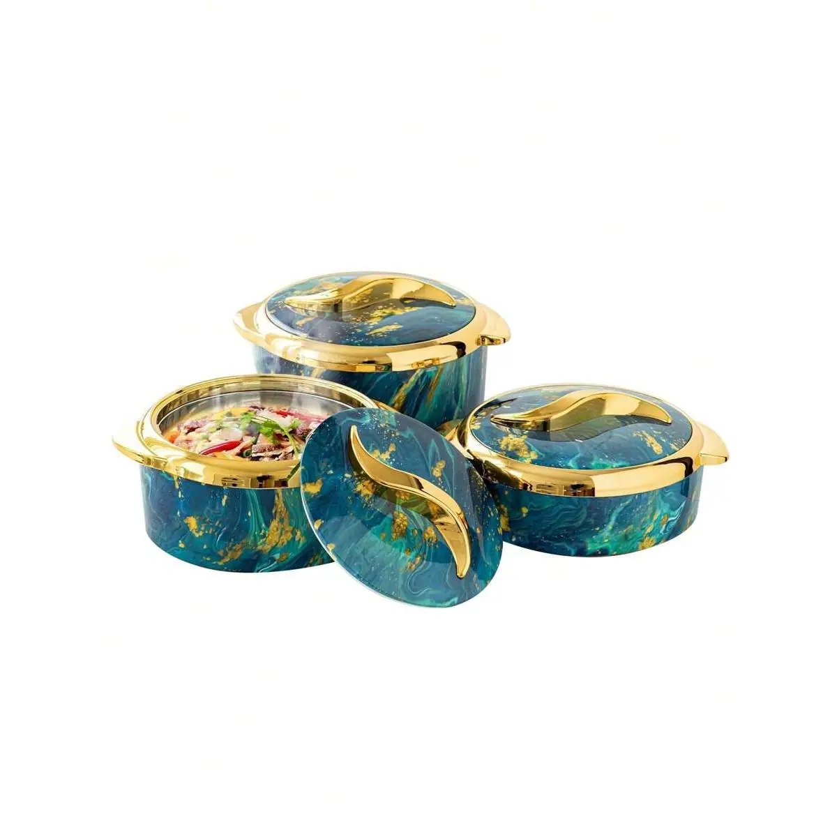 summerwins Luxury Blue 3-Piece Marble Insulated Food Pot Set - Double Stainless Steel Round Bowls with Gold Trim, Metal Storage Box, Home Organizer Kitchenware