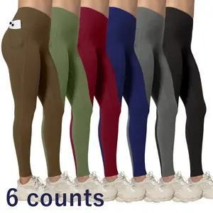 6-piece high waisted women's ultra soft elastic slim yoga leggings with various colored pocketsRAIMENTRY