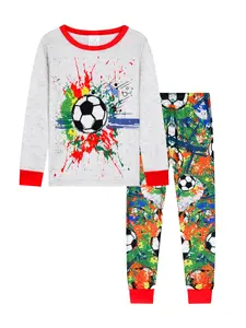 Boys' Round Neck Long Sleeves Pyjamas Set, Football Style Ink Print, Casual Comfortable Fitted Homewear, All Seasons Wear