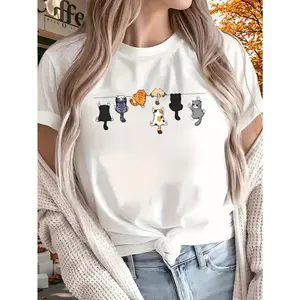 Women's T-Shirt |   Playful Cat Print |   Round Neck, Short Sleeve |   All-Season Comfort Fit |   Machine Washable |   Ideal for Outdoor & Casual Wear, Outdoor Apparel |   Short Sleeve Shirt |   Comfortable Fit