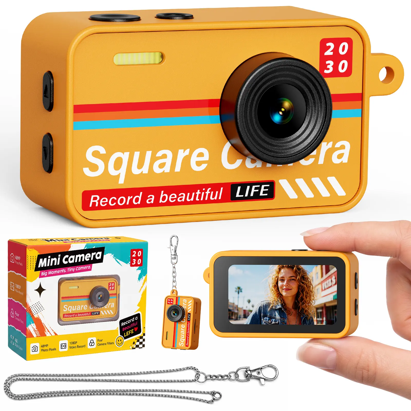 Mini Keychain Digital Camera - Pocket Retro Point & Shoot Camcorder, 1080P HD, Auto Flash, 4X Zoom, Small Screen, 4 Creative Filters, Lanyard for Kids Teens