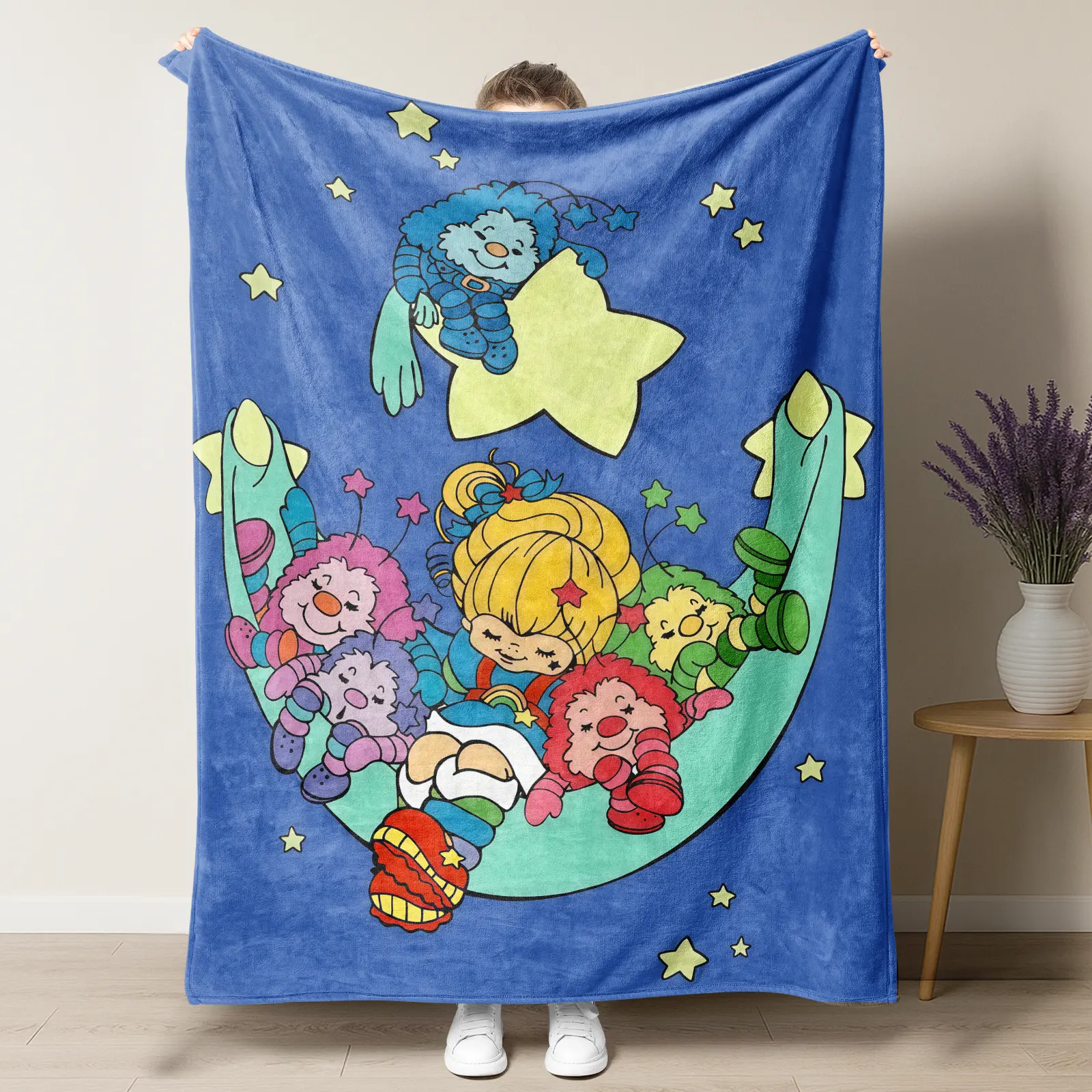 Rainbow Brite Moon & Stars Flannel Blanket,Cute Nostalgic Cartoon Night Sky Lightweight Throw,Cozy Fleece Blanket,Perfect 80s Nostalgia Gift for Fans