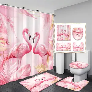 Flamingo Print Tropical Bathroom Set, Shower Curtain Sets, Waterproof Shower Curtain with 12 Hooks, Bath Mat, U-Shaped Toilet Pad, Christmas Gift