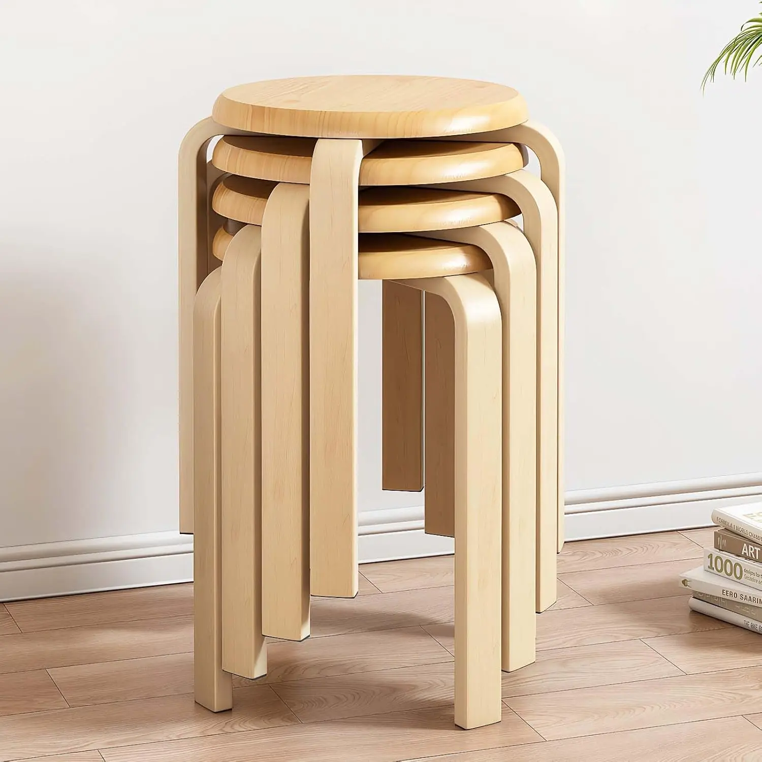Wooden Stackable Stools Set of 4, 18 Inch Round Nesting Wood Stools, Space‑Saving Stools for Classroom, Kitchen, Dining Room, Living Room & Party, Natural