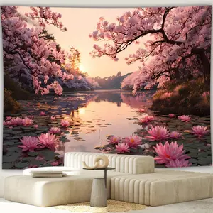 Lotus Tapestry Cherry Blossom Lake Backdrop Floral Nature Wall Hanging Photography Background Scenic Decor for Living Room Bedroom Indoor Outdoor Home Decoration