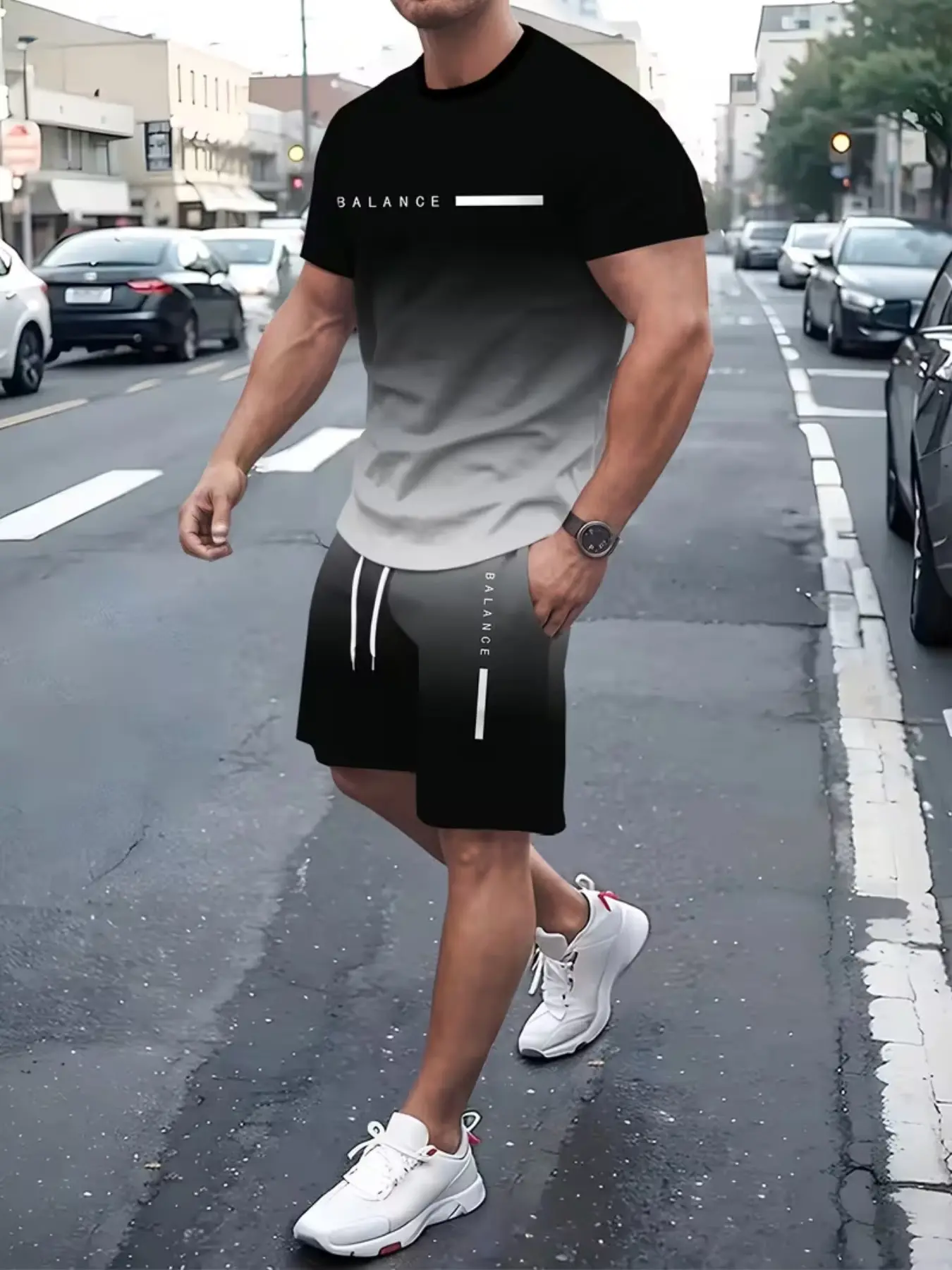 Men's Ombre Gradient Letter Signature 3D Print Round Neck Pullover T-Shirt + Drawstring Beach Shorts Set, Casual Short Sleeve Two-Piece Classic Menswear, Clothes, Top Shorts Set, Matching Sets