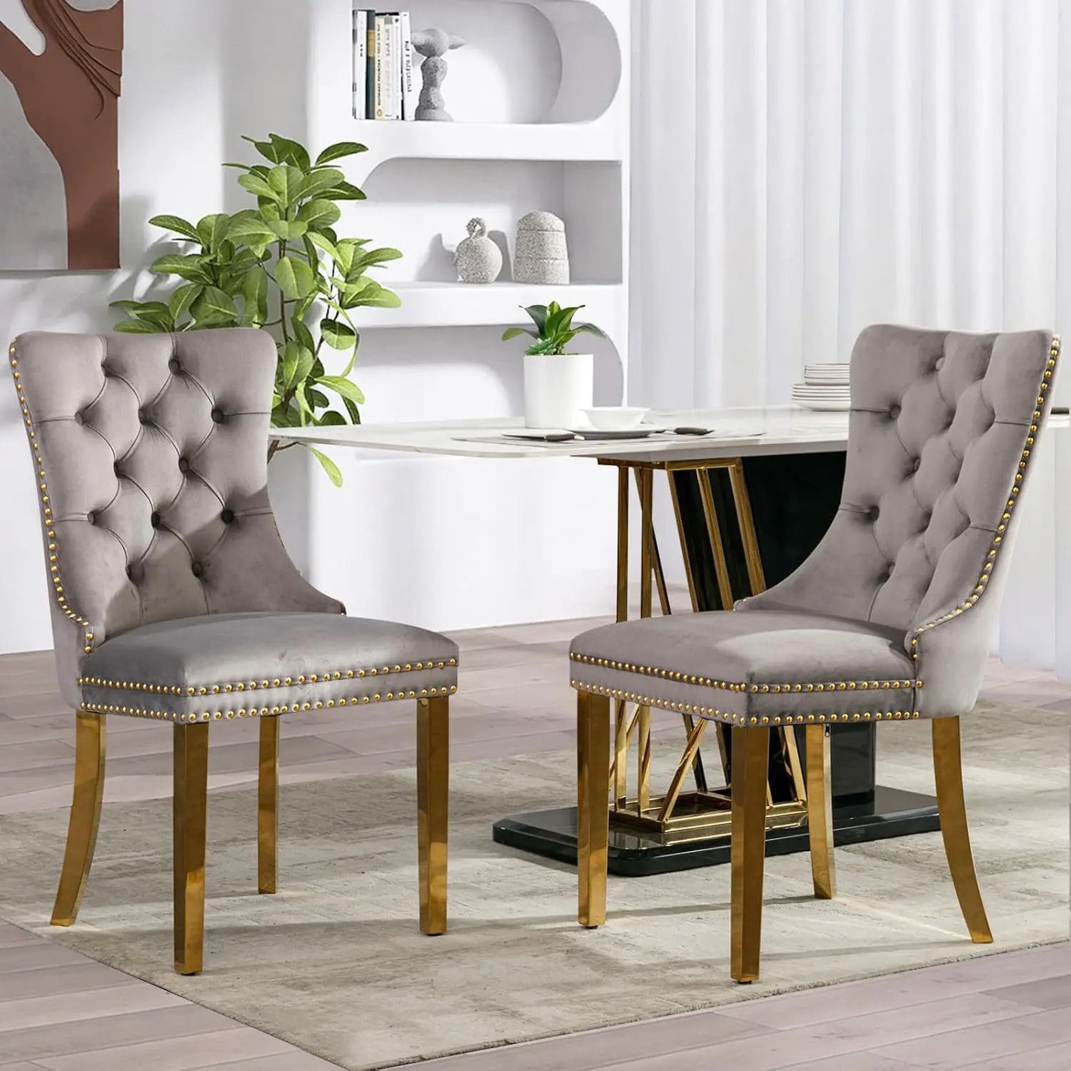 Velvet Upholstered Button Tuft Detail Dining Chairs Set of 2 - Decorative Chair, Ergonomic Curved Back Indoor Furniture with Nailhead Trim, Solid Gold/Silver/Wood-Plated Legs, Durable Kitchen Seating, Assembly Required