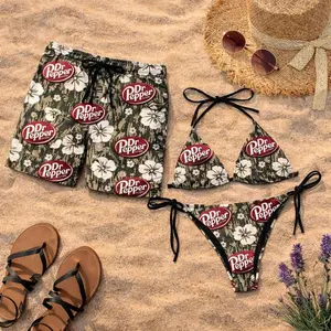 Dr Pepper Floral Camo Matching Couples Swimsuit Set, String Bikini and Men Swim Trunks, Hawaiian Beach Outfit Summer Vacation Poolwear