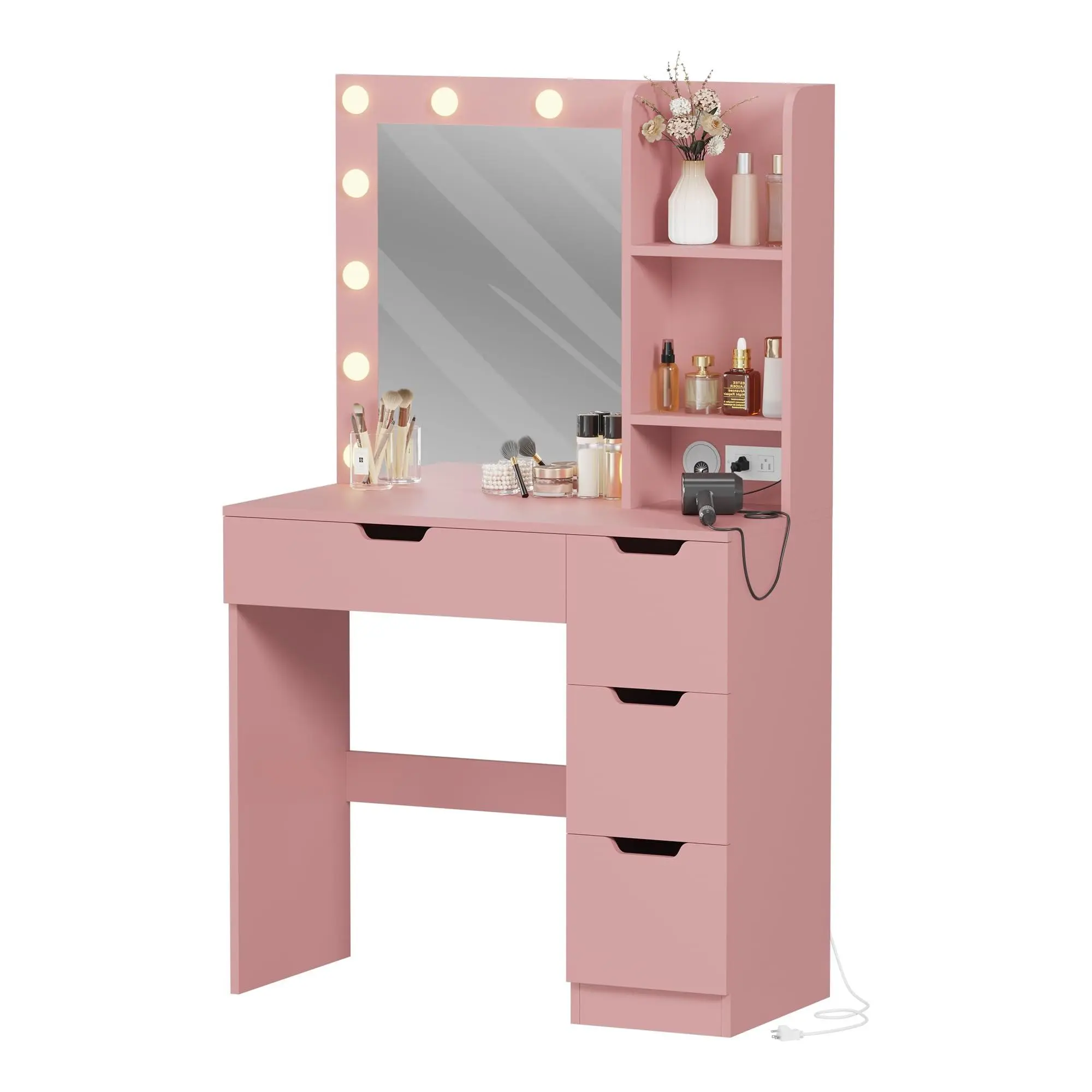Multi-Function 35.4" Vanity Desk – LED Mirror with 3 Colors, 4 Drawers, 3 Shelves & Power Outlets – Small Makeup Dressing Table for Bedroom, Led Lights, Wood