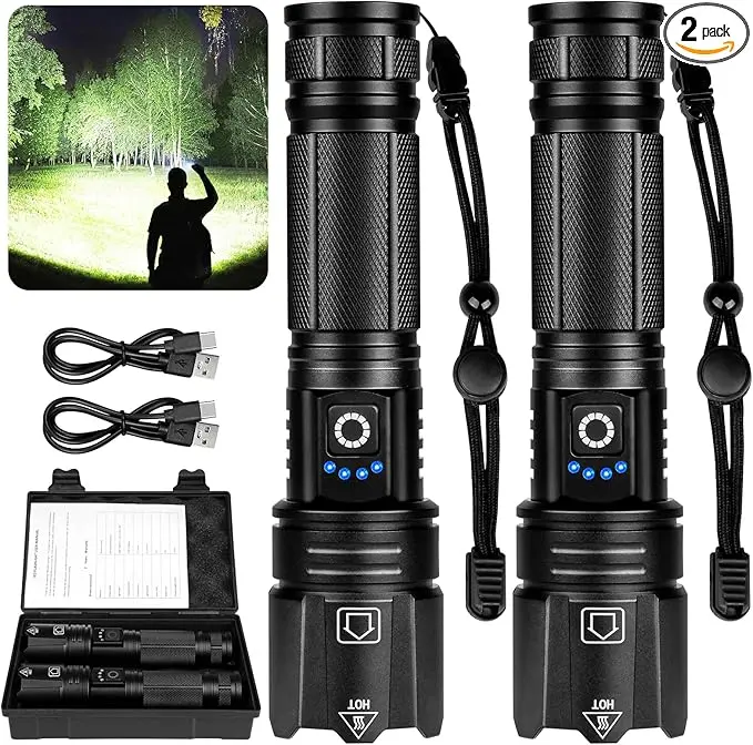 【Father's Day Gift】99,000 Lumens 2-in-1 Rechargeable Flashlight Power Bank - Zoomable, Waterproof, Adjustable Brightness, Camping Outdoor Emergency Home Supply Accessory, Black