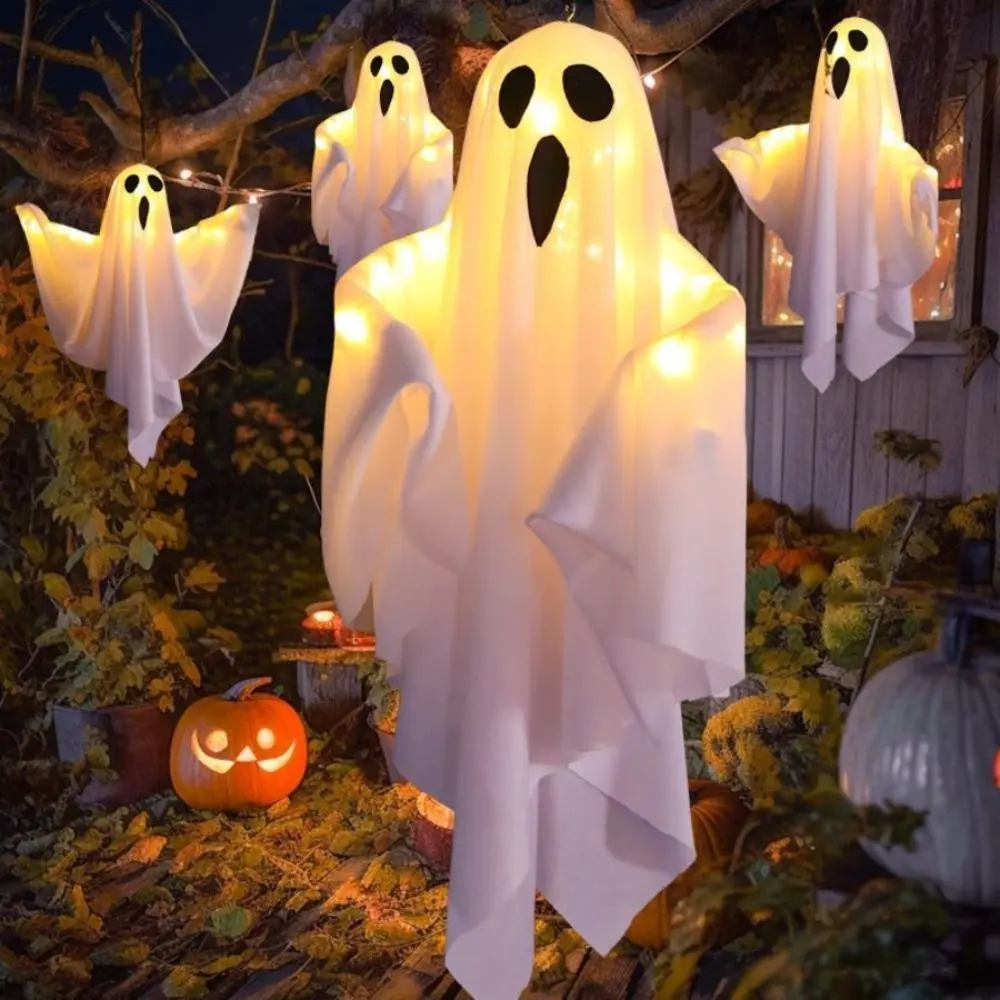 Ghost Shaped Hanging Light, White LED Decorative Light, Halloween Hanging Light, Halloween Decoration, Home Decor for Halloween Party, Ornaments, Patio Decoration, Party Decorations