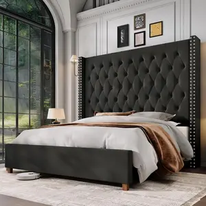 Jocisland King Size Bed Frame with 61.4" Extra Tall Wingback Headboard, Velvet Upholstered, Deep Button Tufted Platform Bed, Solid Wood Legs, Wood Slats, No Box Spring Needed, Black