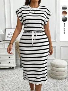 Women's Slimming Striped Dress, Casual Office High Waist Ruched Over-The-Knee Short Sleeve Dress, Lazy Split Butt Cover Long Dress